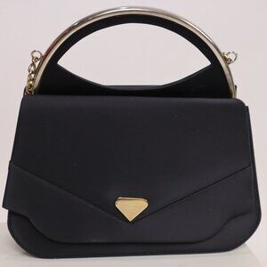 Vtg 1980's Black Satin Purse Gold Silver Hardware Satchel Handbag Clutch Formal